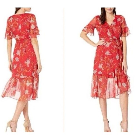 Vince Camuto Wrap Dress 10 Red Floral Short Sleeve Ruffle Chiffon Wedding Guest - Picture 1 of 10